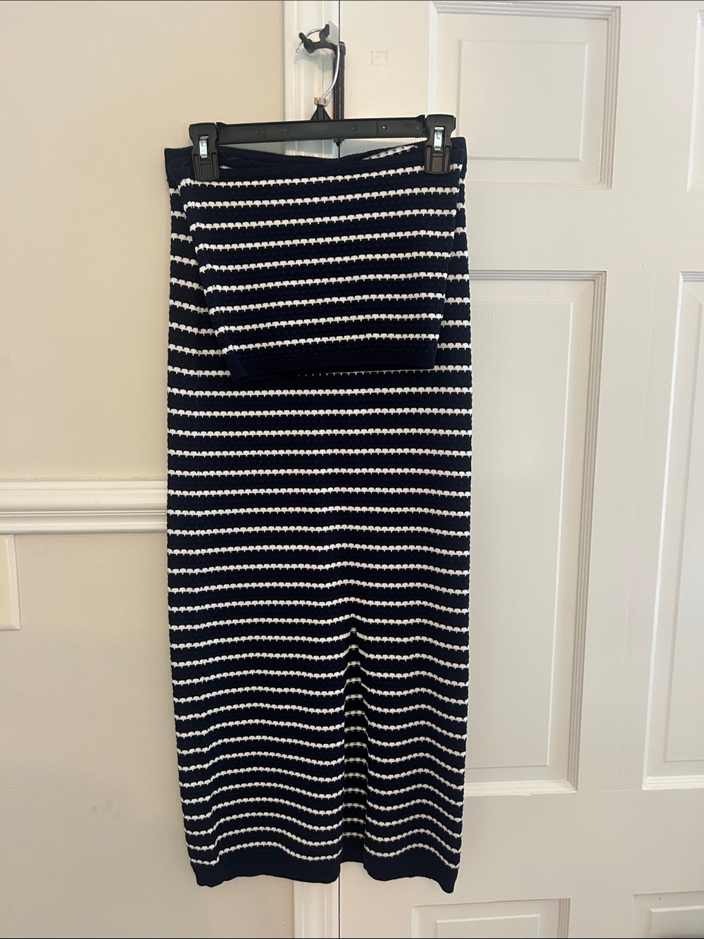 Women's Navy and White Striped Knit Midi Skirt